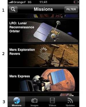 (1) Une barre de recherches ; (2) une liste défilante des différents programmes de la Nasa ; (3) un menu permettant de visualiser les missions, images, vidéos et flux RSS. © Futura-Techno