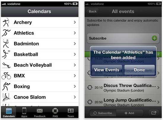 Application JO - London 2012  - calendrier