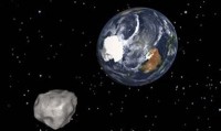 Une image de synthèse de la Nasa représentant l'astéroïde et la Terre.  AFP/NASA